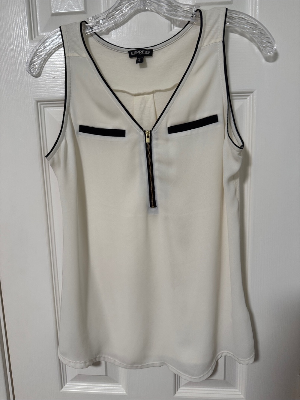 Express Cream Sleeveless Zip-Front Tank with Black Trim